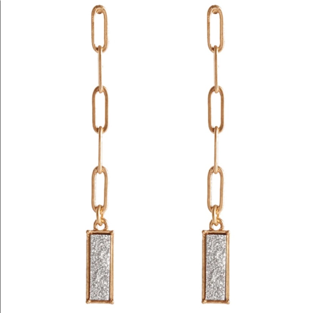 SILVER DRUZY & GOLD METAL CHAIN LINK 2.5” DANGLE POST EARRINGS - Picture 2 of 3